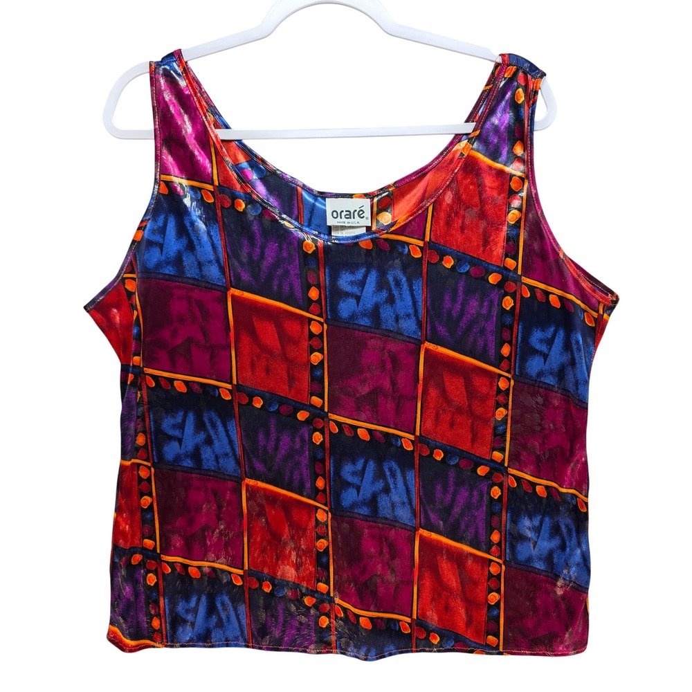 Orare Vintage 90s Geometric Abstract Metallic Shimmer Tank Top Red Blue Purple M